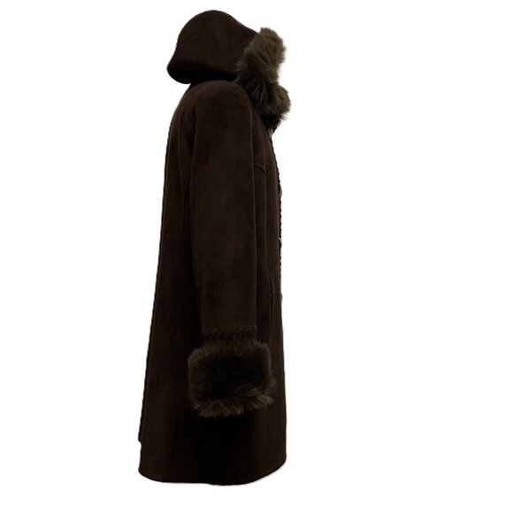 Simon Chang Hooded Winter Coat Brown Faux Suede & Faux Fur Shearling Lining Y2K - Picture 7 of 10